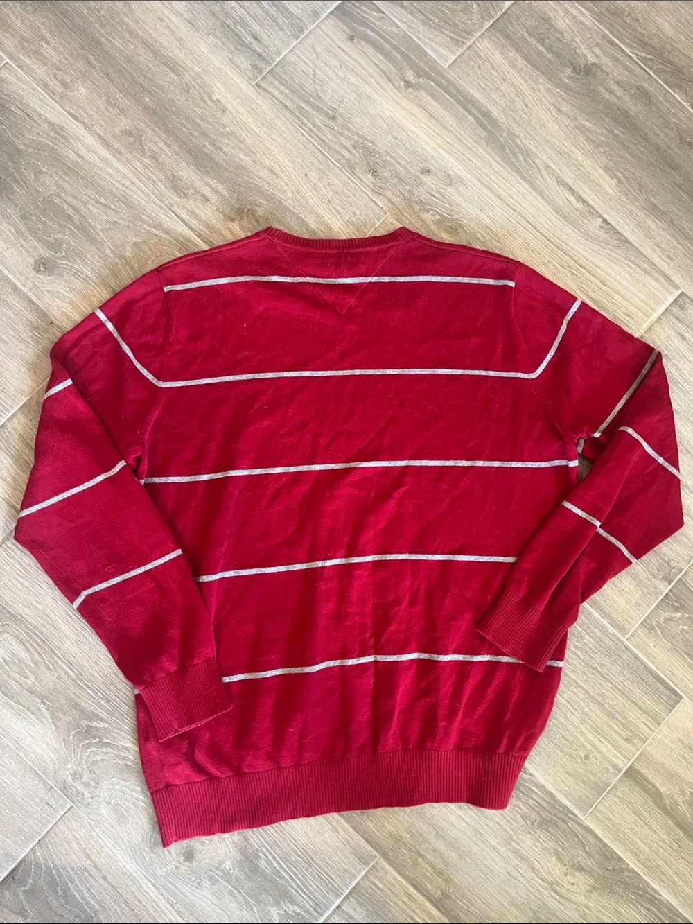 Tommy Hilfiger Men’s Red V-Neck Sweater with Thin White Stripes